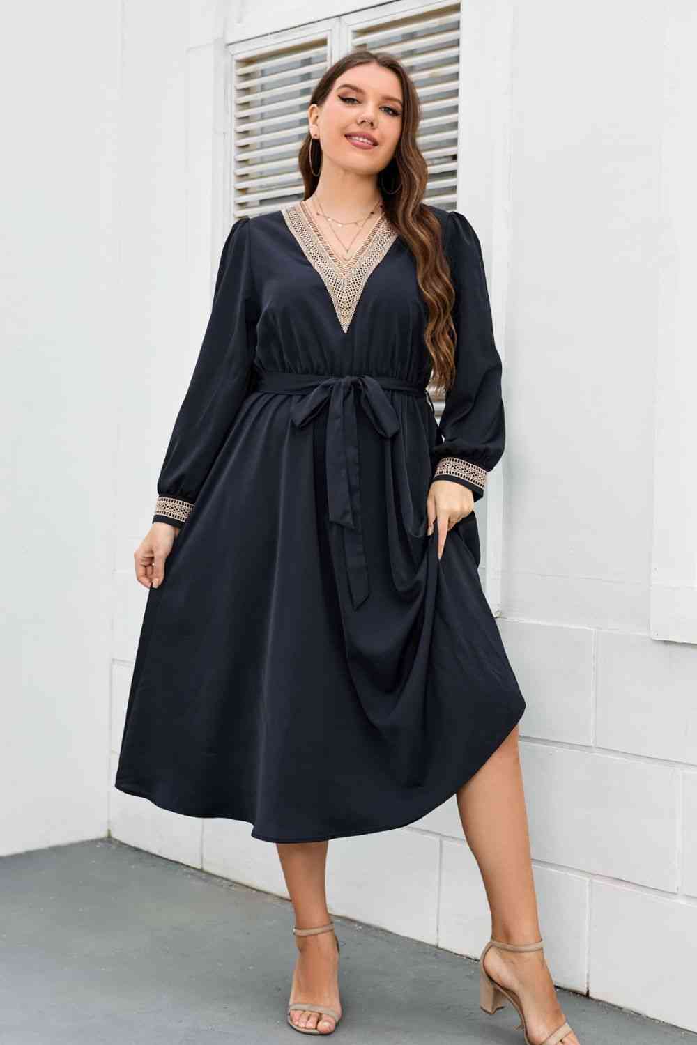 Melo Apparel Plus Size Contrast Tie Waist Midi Dress