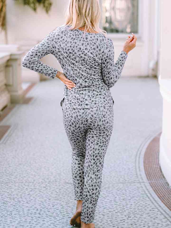 Leopard Print Long Sleeve Top and Pants Set