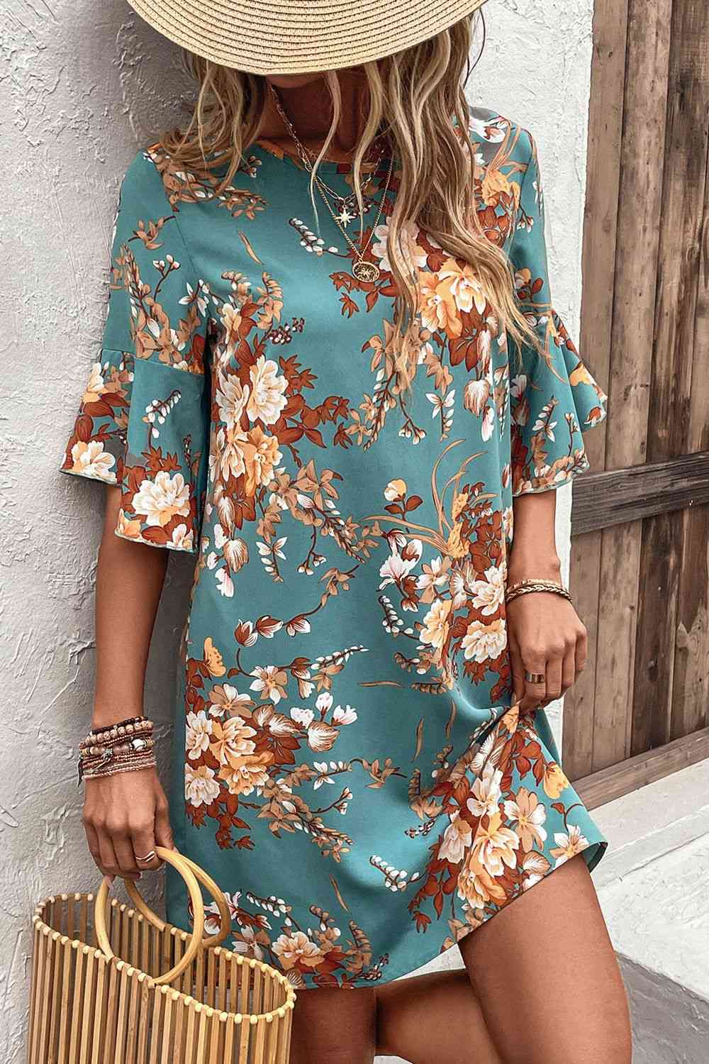 Floral Print Round Neck Flounce Sleeve Mini Dress