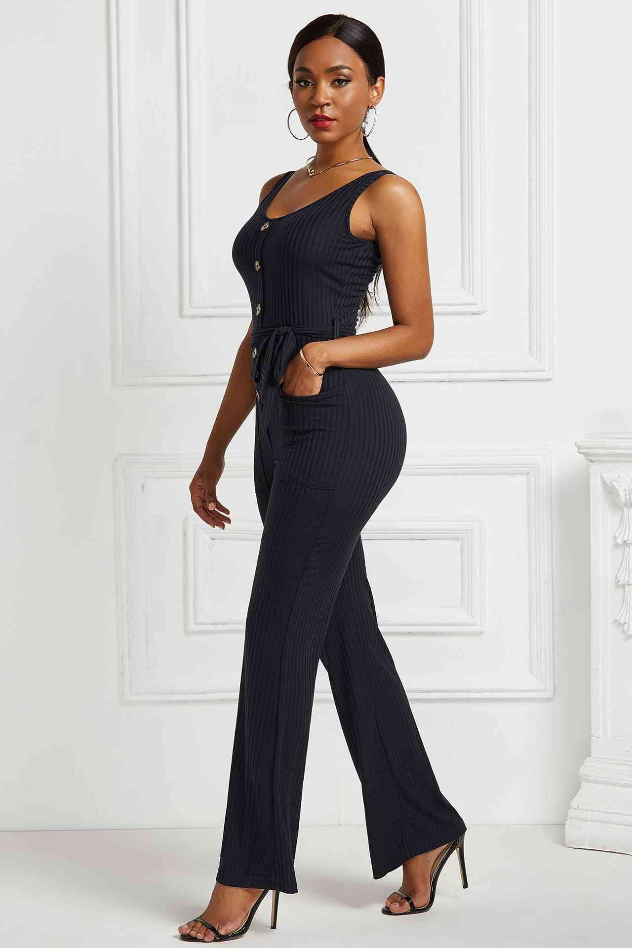 Button Detail Tie Waist Jumpsuit with Pockets