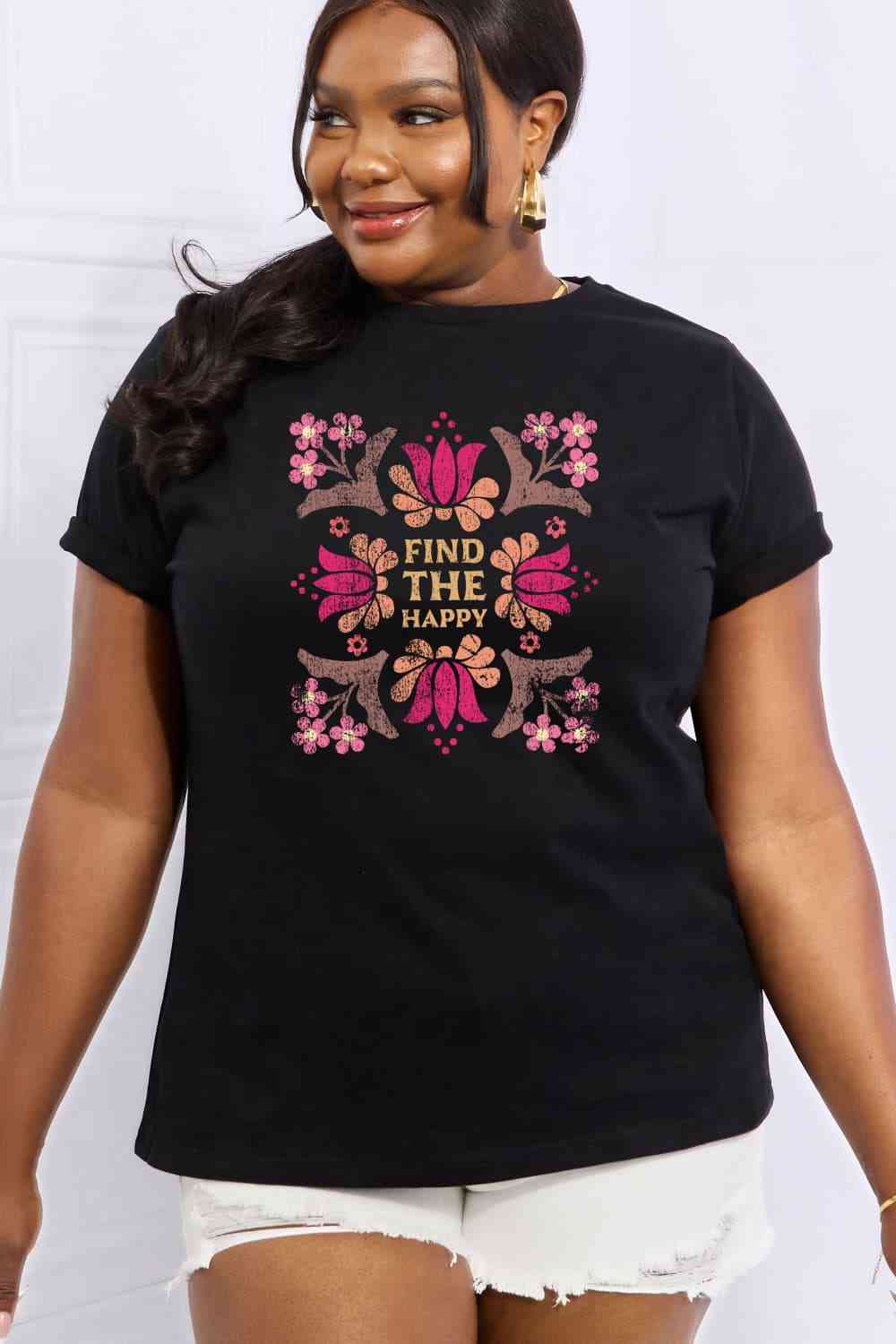 Simply Love Full Size FIND THE HAPPY Graphic Cotton Tee