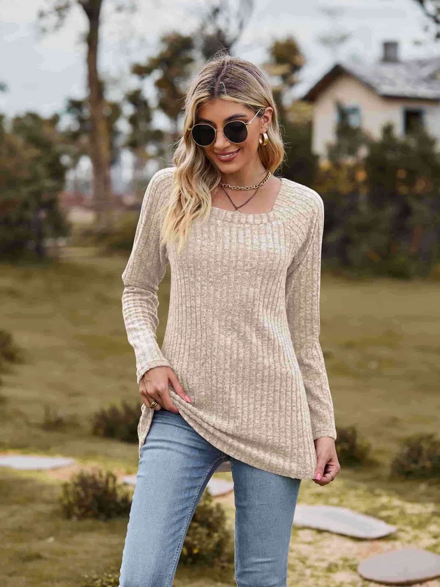 Ribbed Square Neck Long Sleeve Tee