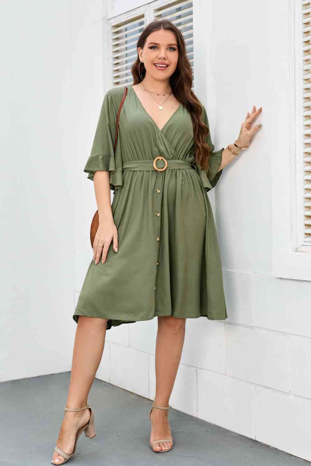 Plus Size Surplice Neck Half Sleeve Dress