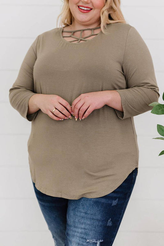 3/4 Sleeve Hollow Out Neckline Plus Size Top