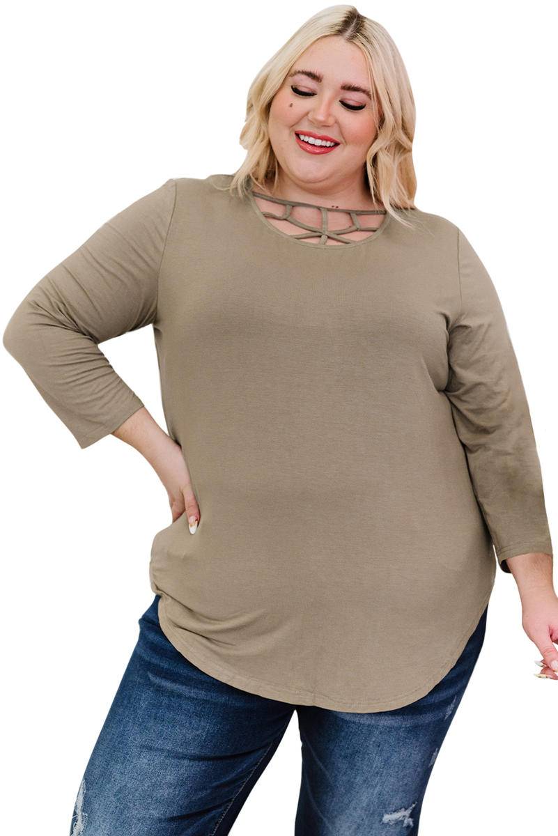 3/4 Sleeve Hollow Out Neckline Plus Size Top