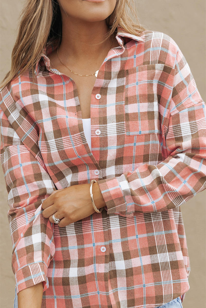 Drop Shoulder Rounded Hem Plaid Pattern Shirt