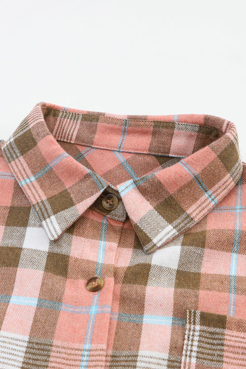 Drop Shoulder Rounded Hem Plaid Pattern Shirt