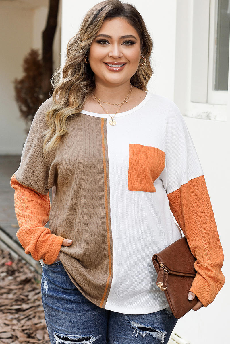 Plus Size Color Block Textured Patchwork Top With Pocket