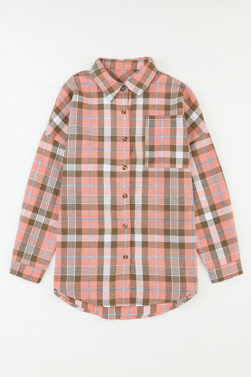 Drop Shoulder Rounded Hem Plaid Pattern Shirt